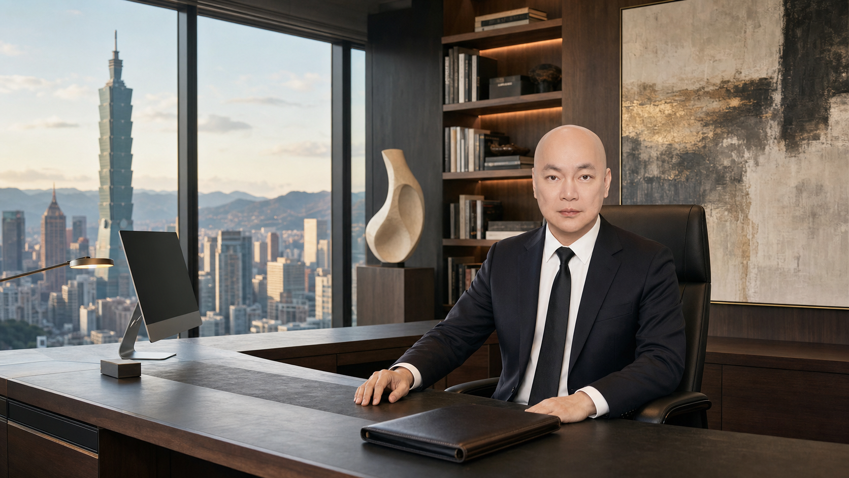 林弘修 Arthur Lin 在台北高樓辦公室內的專業形象照，窗外可見台北101